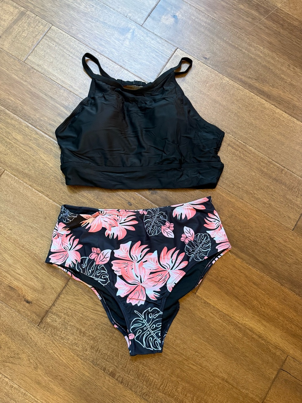 NEW! Black Crop bikini top with Black & Pink Floral High-Waist Bottoms Swimwear